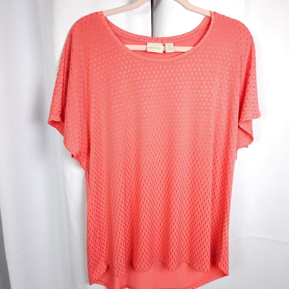 Chico's Women's Pink Red Gold Metallic Cap Sleeve Blouse Size 3 US 16